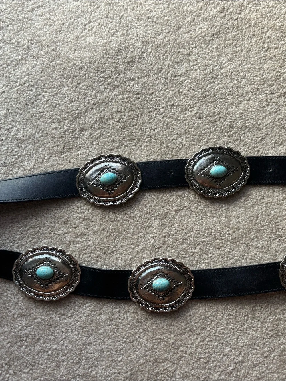 R.J. Graziano Black Leather Belt with Turquoise Conchos